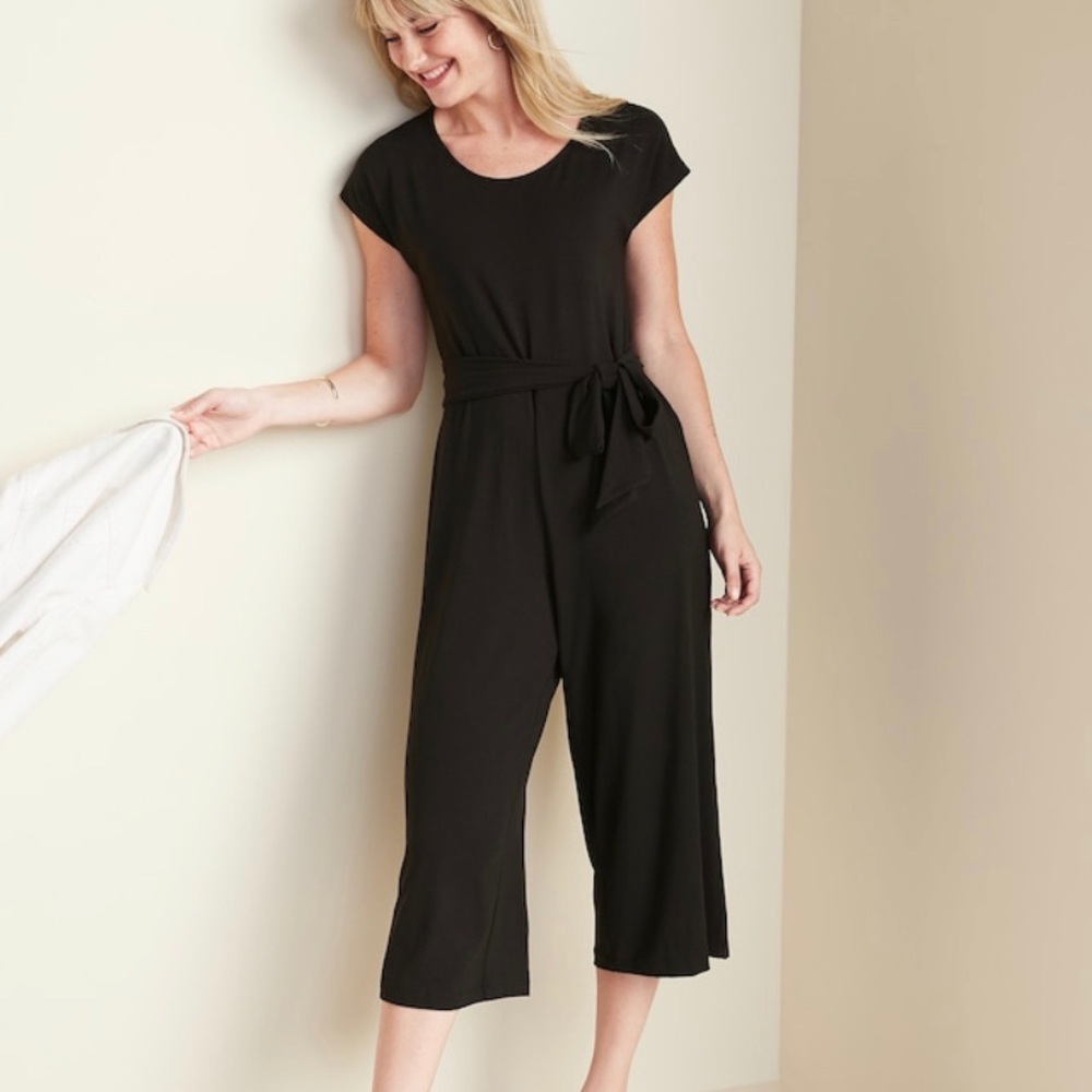 Short Sleeve Waist Tie Jumpsuit